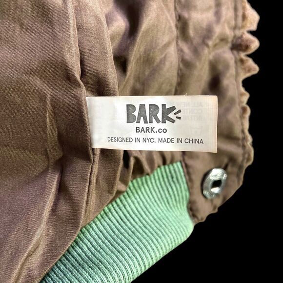 Bark Home Bark Varsity Jacket Green Brown Dog Sweater Snap Buttons Size Small - Picture 8 of 11